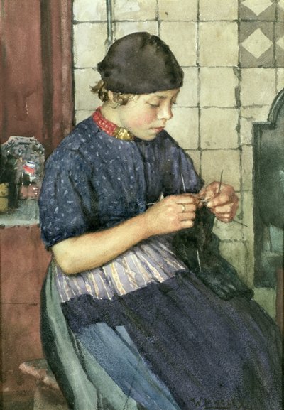 Meisje aan het breien door Walter Langley